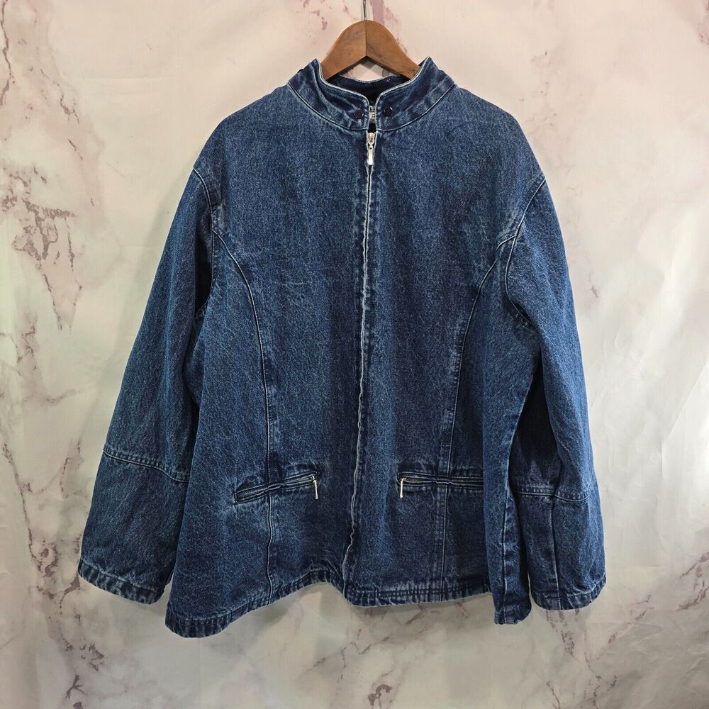 Vintage Denim Jacket Womns 3X Jean 80s 90s Flannel Lined Green Plaid Dark Medium - Picture 12 of 12
